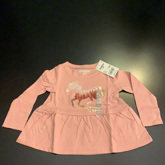 OshKosh Pink Ruffle Horse Let's Explore Long Sleeve Top Shirt 12 Months New - Picture 2 of 4